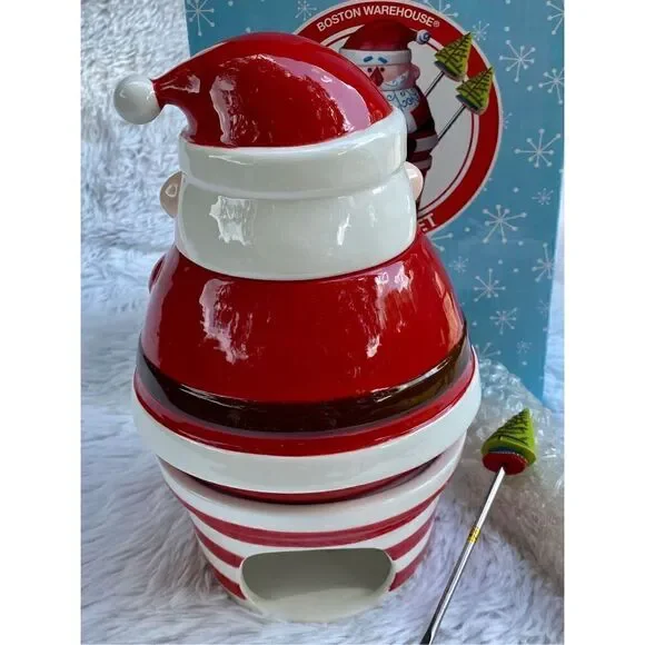 NIB NEW Boston Warehouse 7 PC HO HO HO Ceramic Santa Clause Fondue Set - Picture 11 of 14